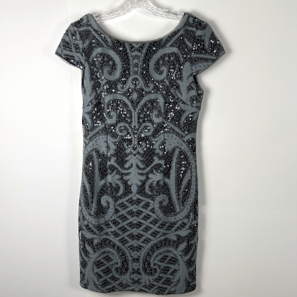 Adrianna Papell Blue Sequin Lace Shiny Lined Short Sleeve Cocktail Dress Size 10